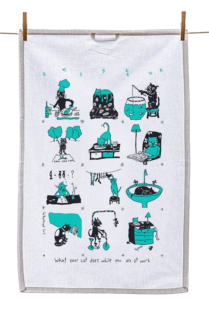 Tea Towel - What your cat does while you're at work (English & French)