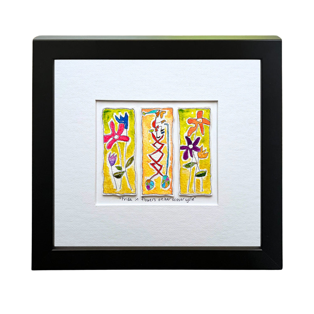 
                  
                    Frida in flowers on her scissor cycle (framed watercolour)
                  
                