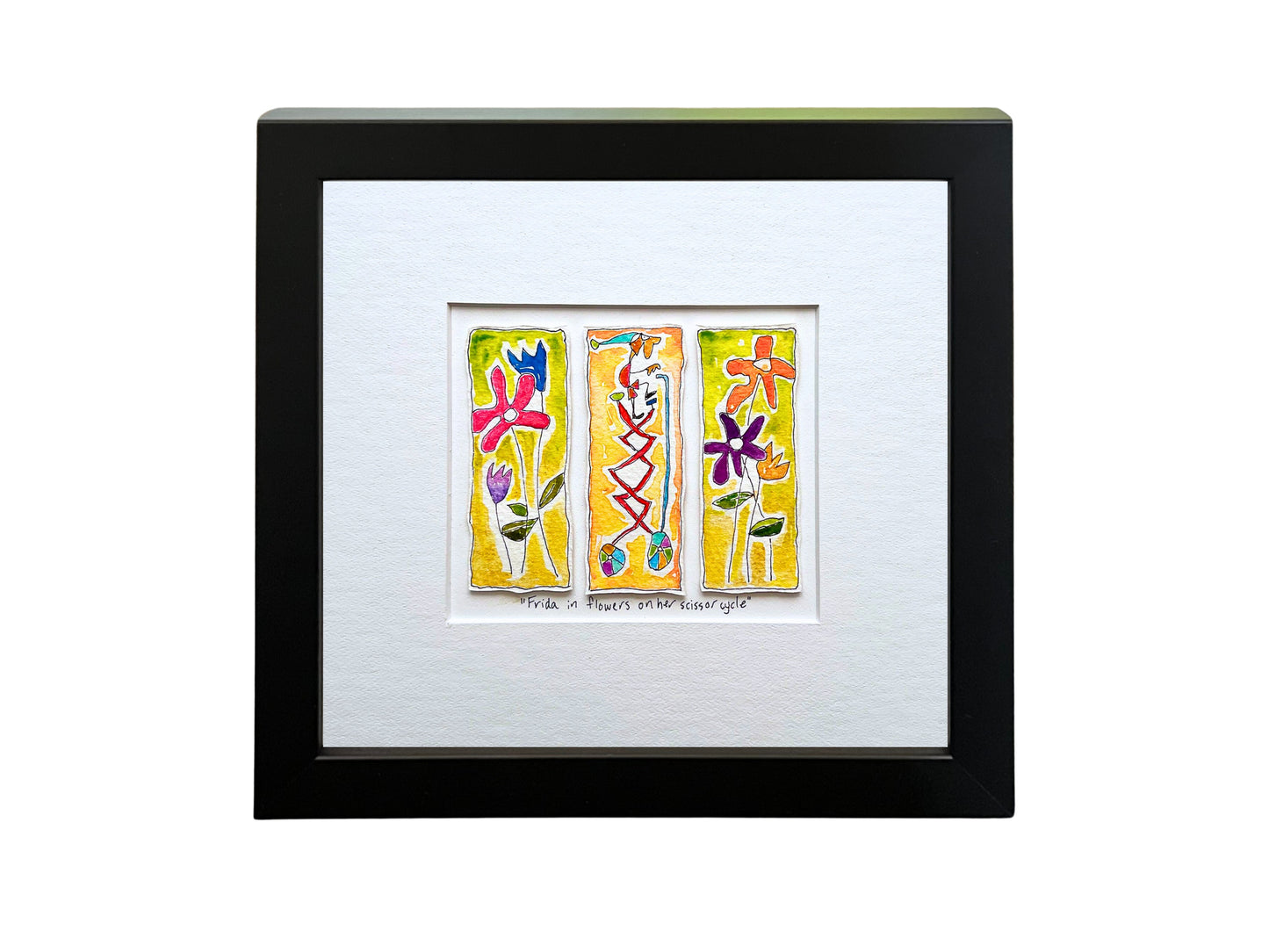 
                  
                    Frida in flowers on her scissor cycle (framed watercolour)
                  
                