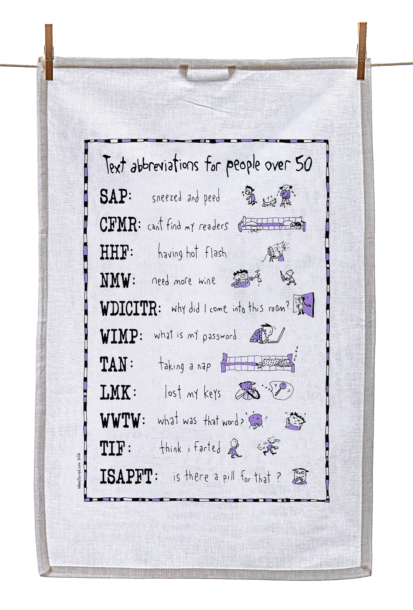 
                  
                    Tea Towel - Text abbreviations for people over 50 (also available in teal!)
                  
                