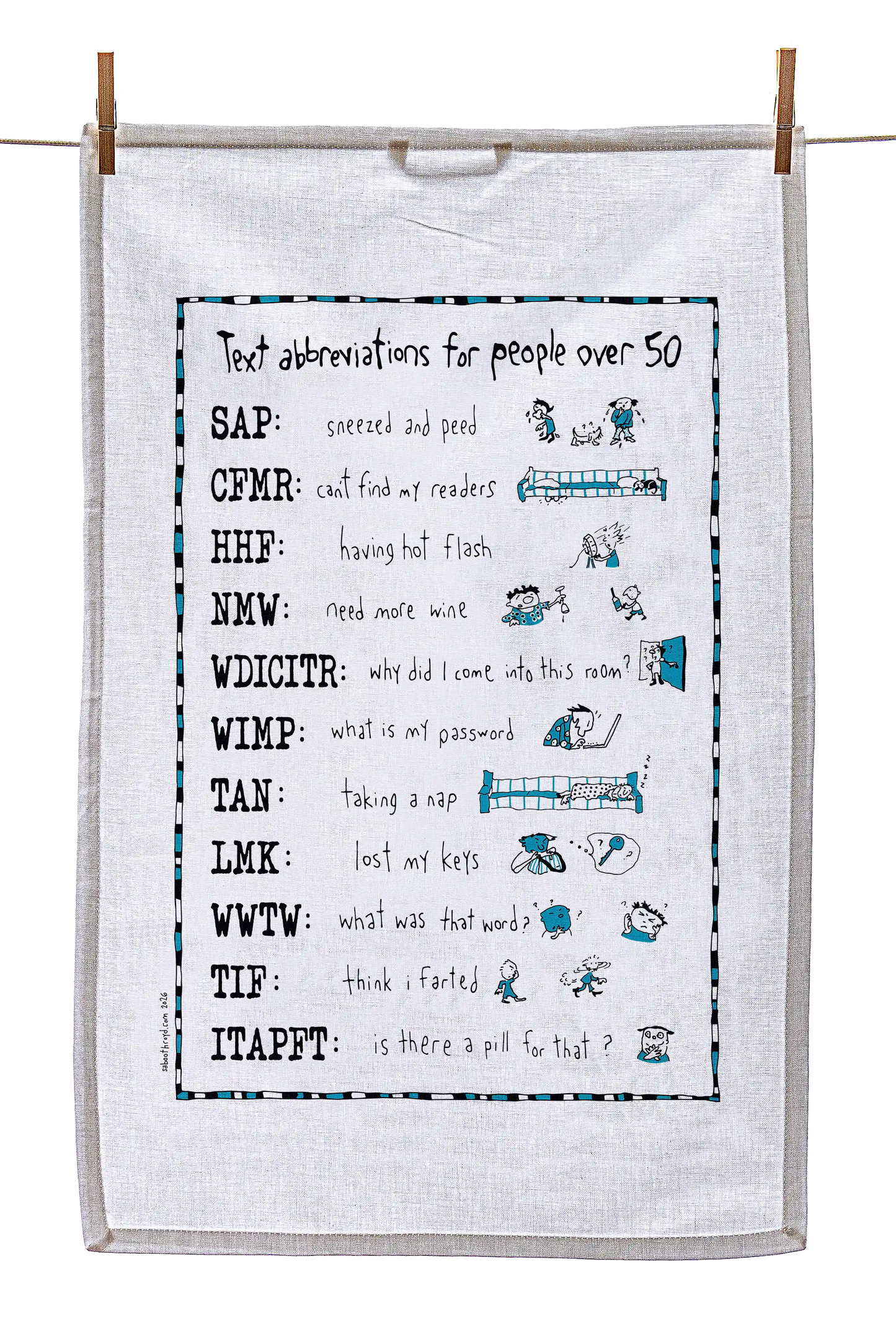 
                  
                    Tea Towel - Text abbreviations for people over 50 (also available in teal!)
                  
                