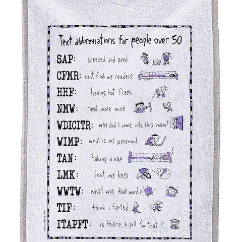 Tea Towel - Text abbreviations for people over 50 (also available in teal!)