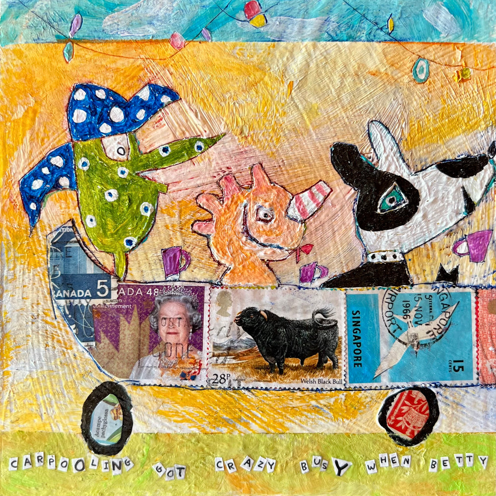 
                  
                    Carpooling got crazy busy when Betty began serving free lattes every Friday (Diptych, each 6" x 6")
                  
                