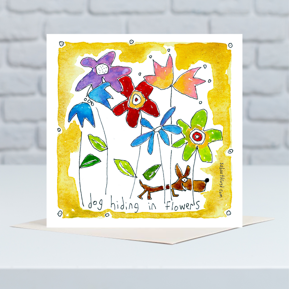 Mini Card - Dog hiding in flowers